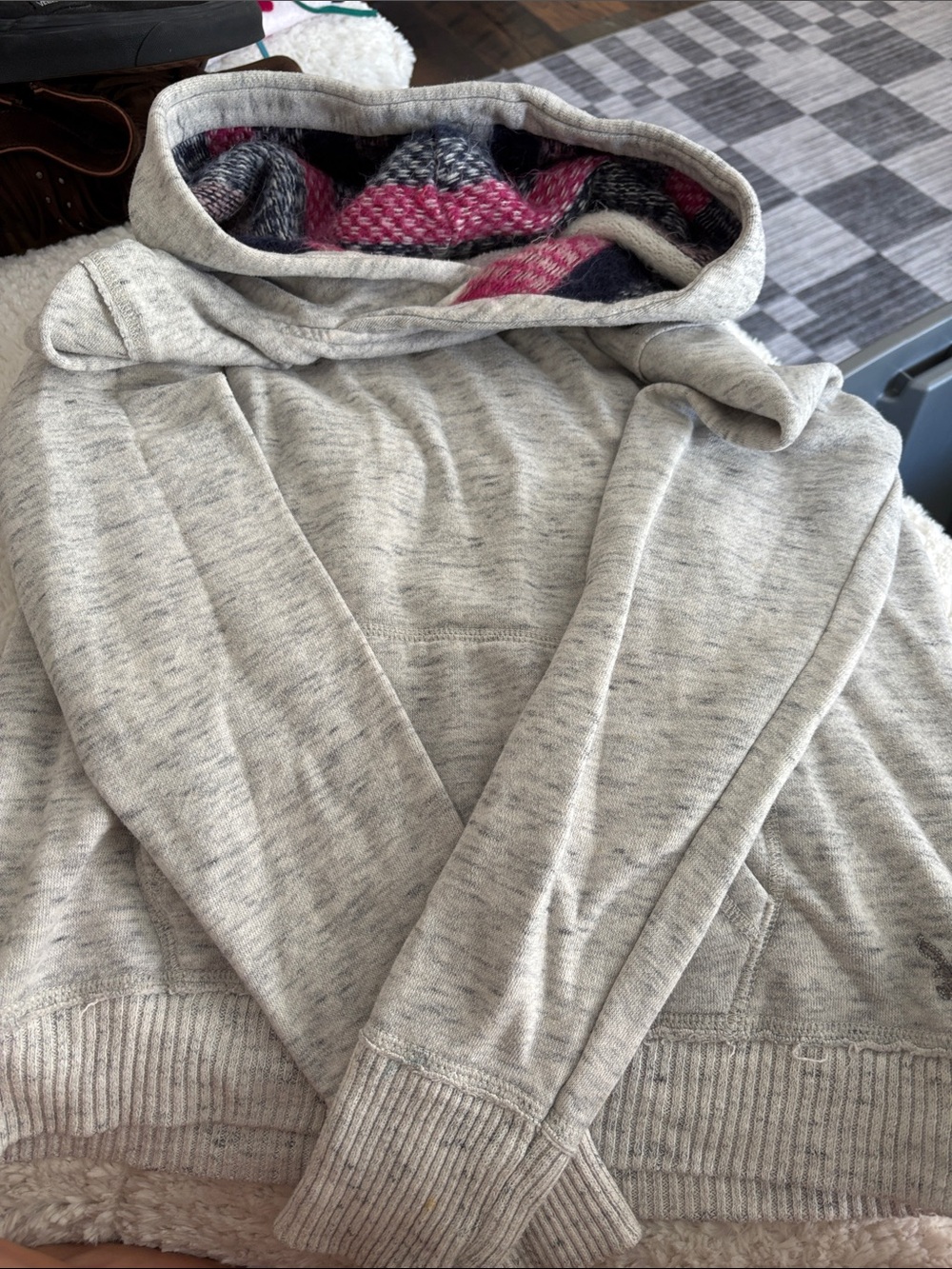 American Eagle Outfitters Light Gray Zip-Up Hoodie with Patterned Hood Lining